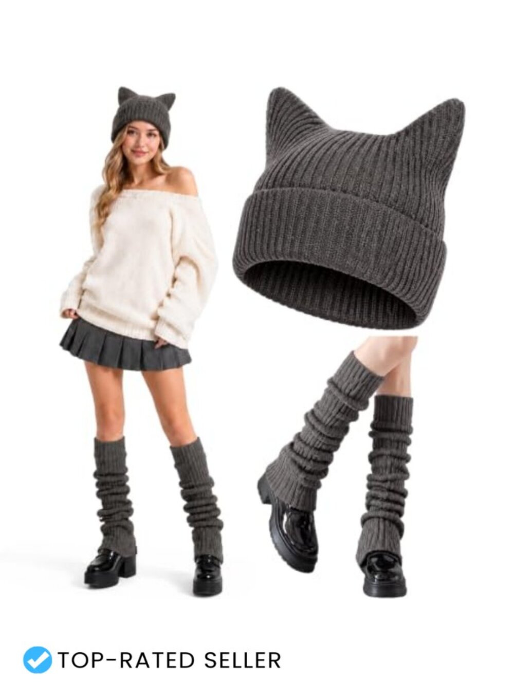 2 Pc Cat Ear Beanie & Leg Warmers Set Y2K Acrylic Knit Winter Accessories